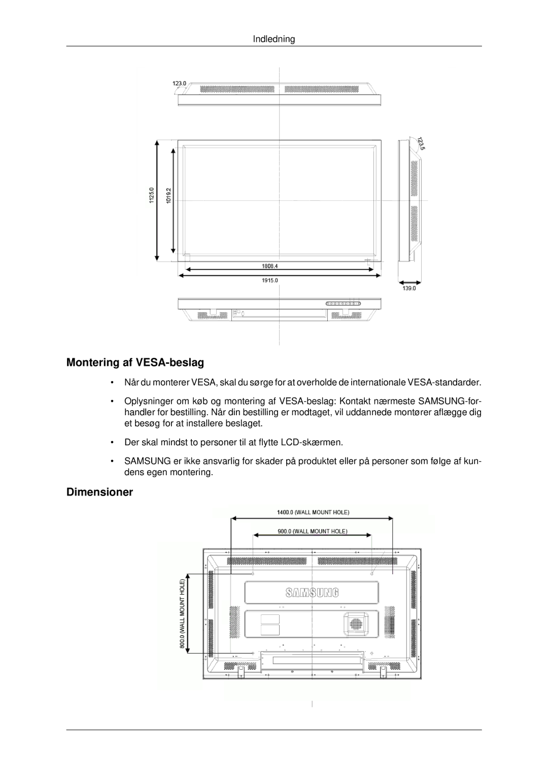 Samsung LH82BVSLBF/EN, LH82BVTLBF/EN manual Montering af VESA-beslag, Dimensioner 