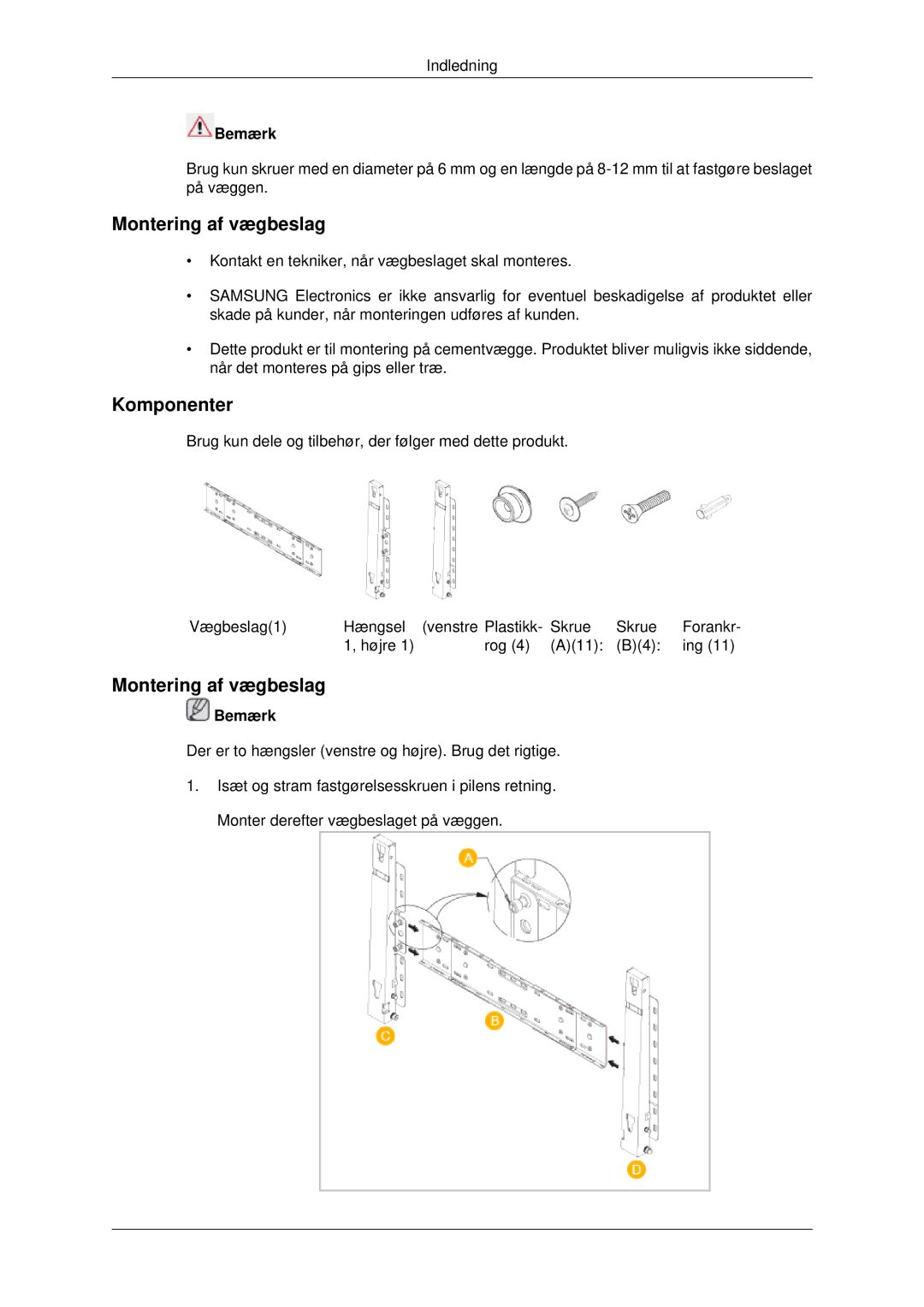 Samsung LH82BVTLBF/EN, LH82BVSLBF/EN manual Montering af vægbeslag, Komponenter 