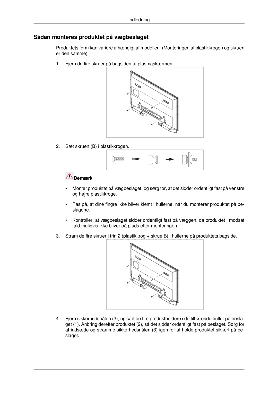 Samsung LH82BVTLBF/EN, LH82BVSLBF/EN manual Sådan monteres produktet på vægbeslaget 