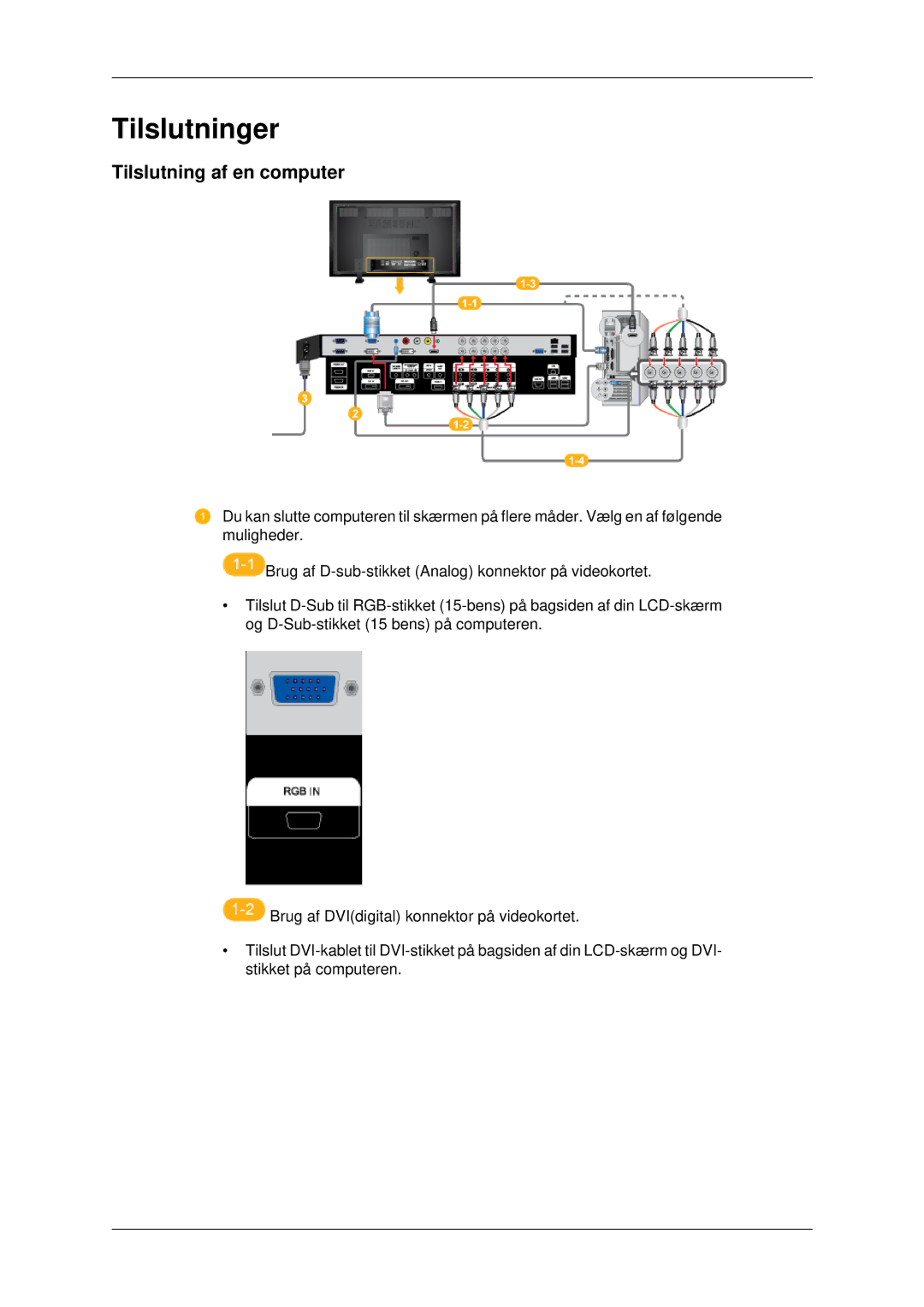 Samsung LH82BVTLBF/EN, LH82BVSLBF/EN manual Tilslutninger, Tilslutning af en computer 