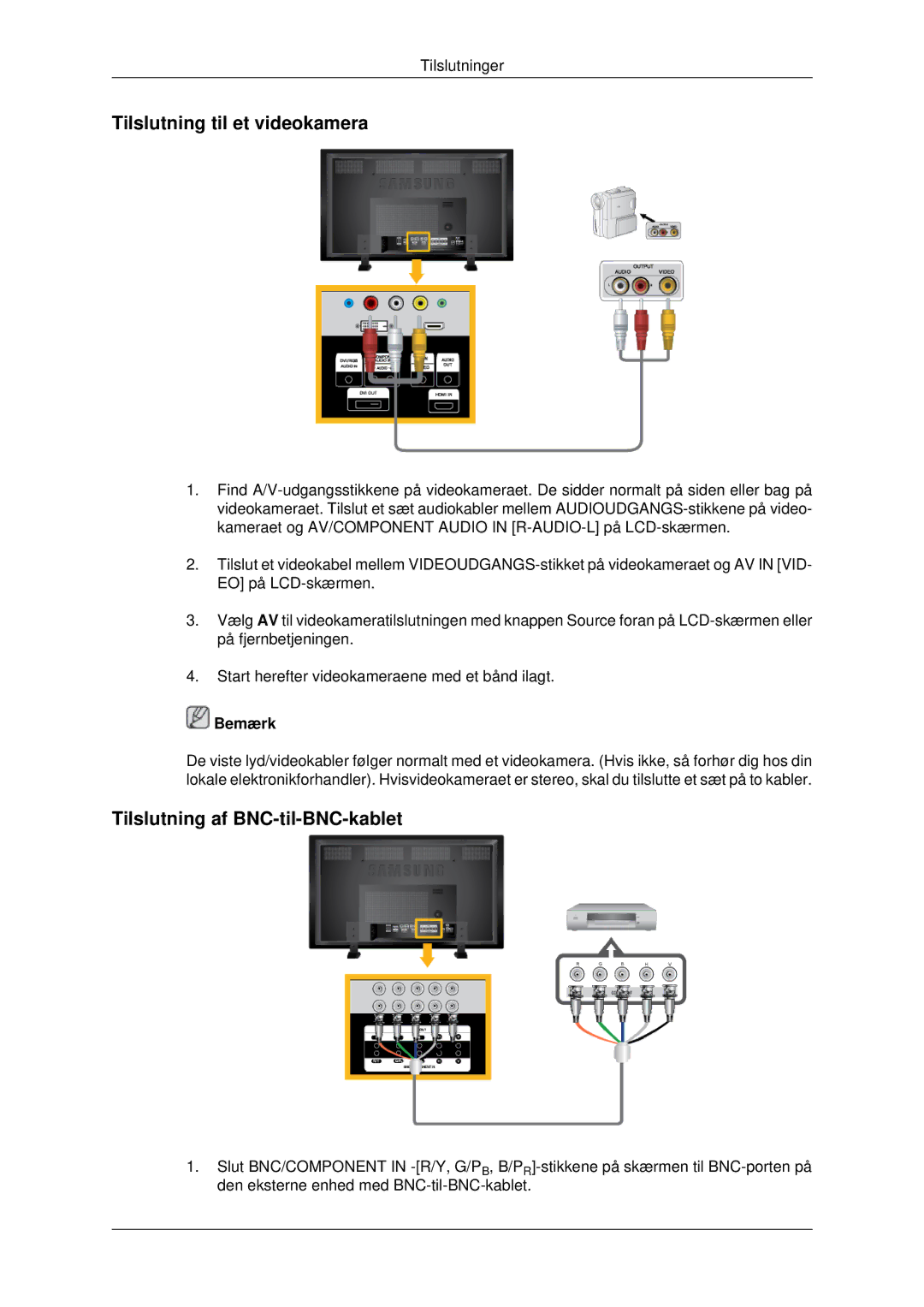 Samsung LH82BVSLBF/EN, LH82BVTLBF/EN manual Tilslutning til et videokamera, Tilslutning af BNC-til-BNC-kablet 