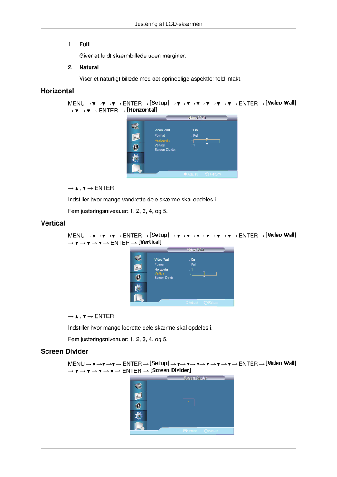 Samsung LH82BVSLBF/EN, LH82BVTLBF/EN manual Horizontal, Vertical, Screen Divider, Full, Natural 