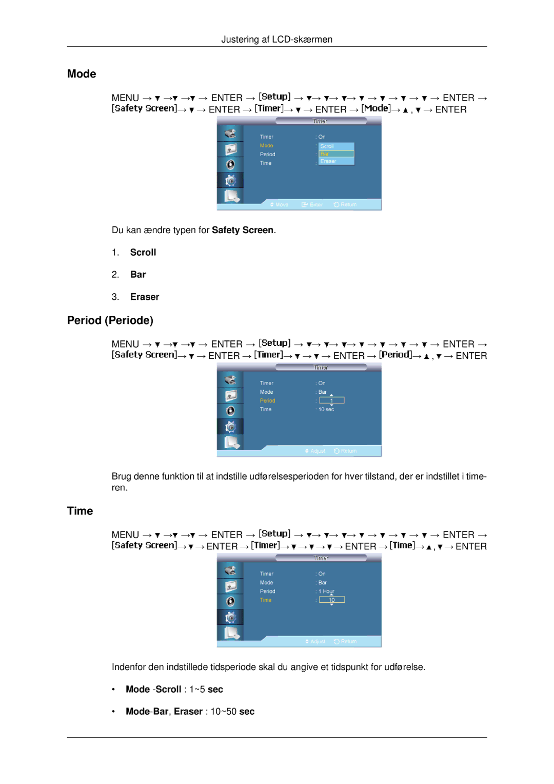 Samsung LH82BVTLBF/EN, LH82BVSLBF/EN Period Periode, Scroll Bar Eraser, Mode -Scroll 1~5 sec Mode-Bar,Eraser 10~50 sec 