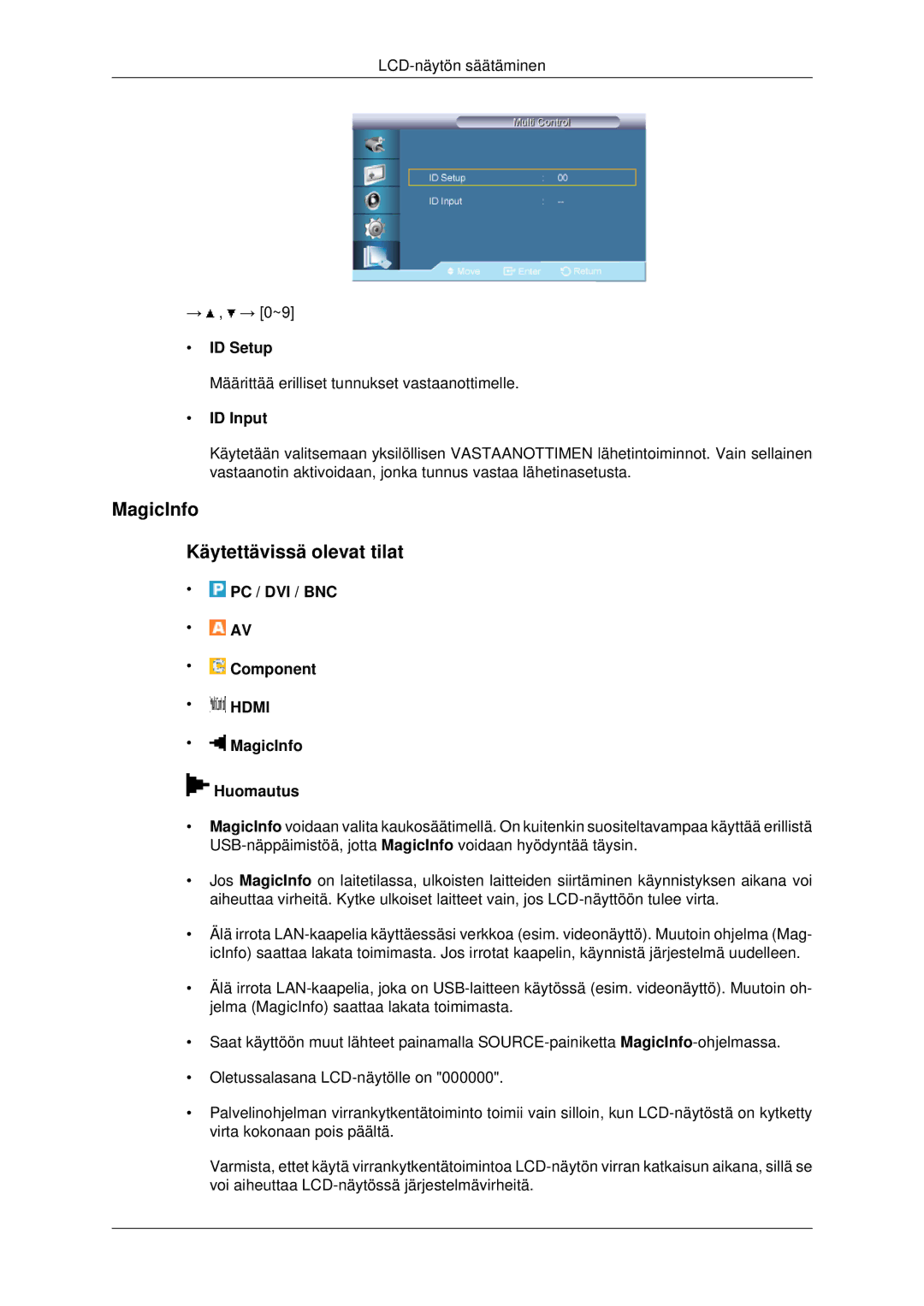 Samsung LH82BVTLBF/EN, LH82BVSLBF/EN manual MagicInfo Käytettävissä olevat tilat, ID Setup, ID Input, MagicInfo Huomautus 