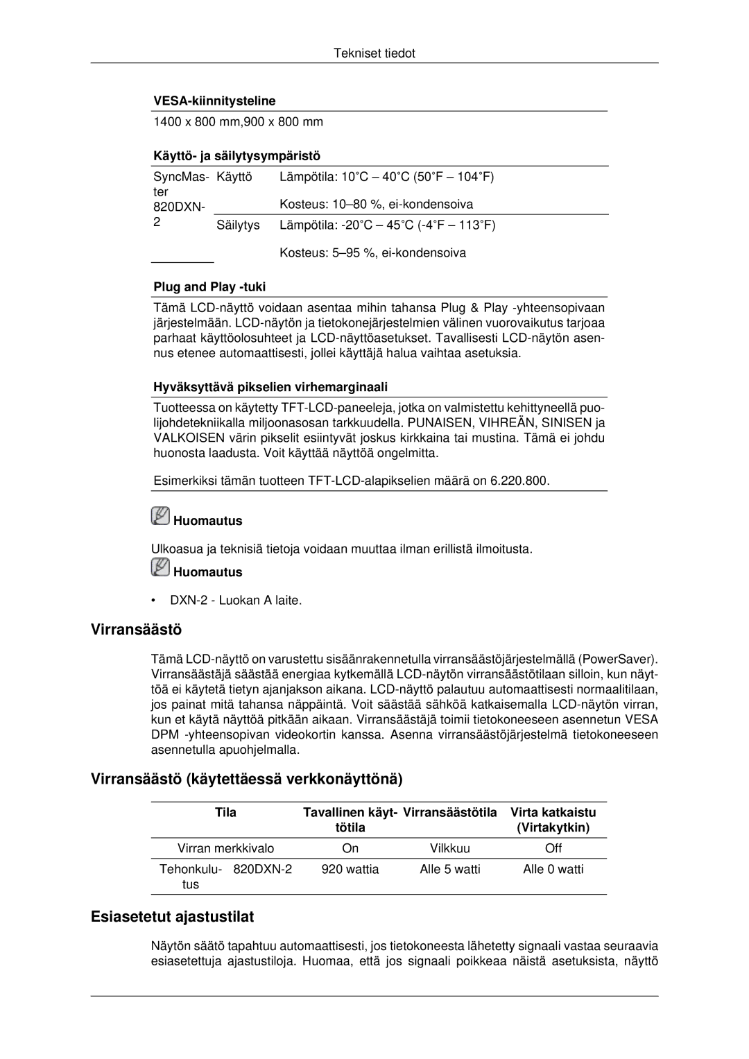 Samsung LH82BVSLBF/EN, LH82BVTLBF/EN manual Virransäästö käytettäessä verkkonäyttönä, Esiasetetut ajastustilat 