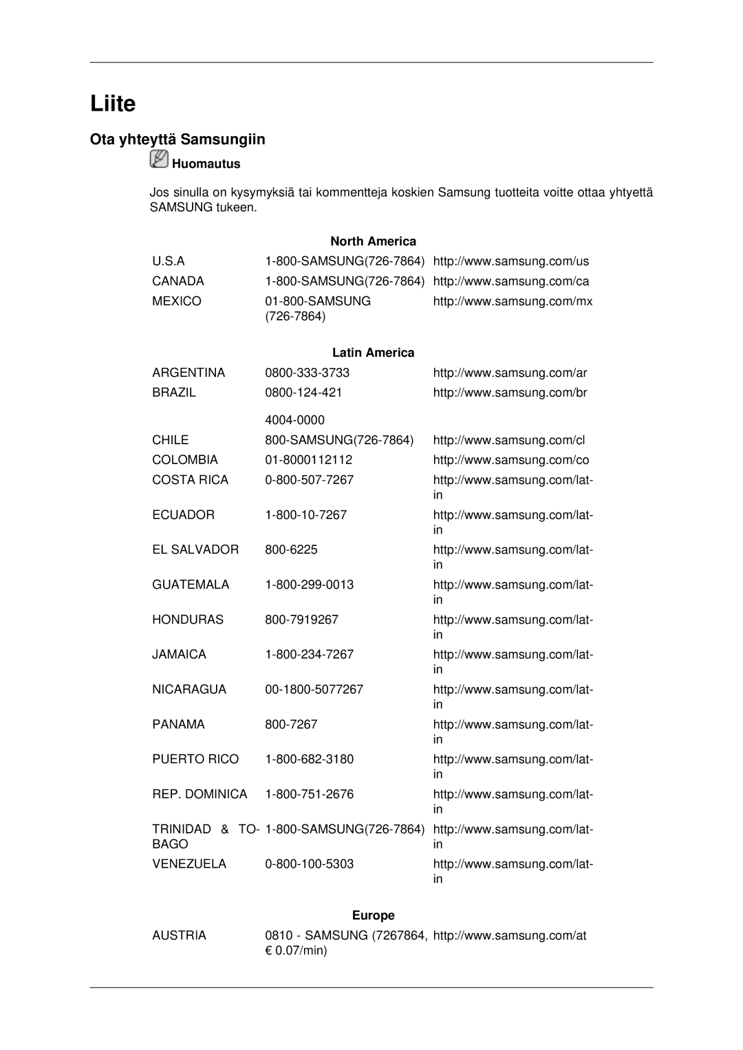 Samsung LH82BVTLBF/EN, LH82BVSLBF/EN manual Ota yhteyttä Samsungiin, North America, Latin America, Europe 