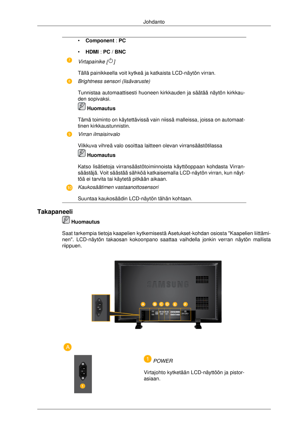 Samsung LH82BVSLBF/EN, LH82BVTLBF/EN manual Takapaneeli, Component PC 