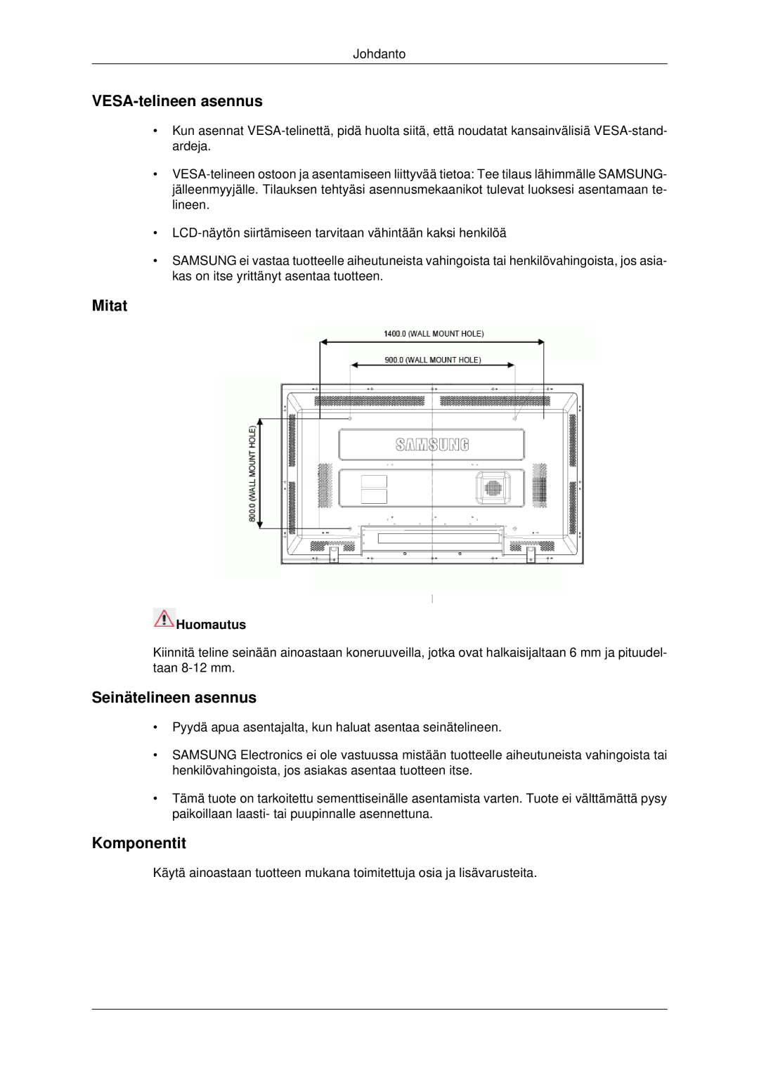 Samsung LH82BVSLBF/EN, LH82BVTLBF/EN manual VESA-telineen asennus, Mitat, Seinätelineen asennus, Komponentit 