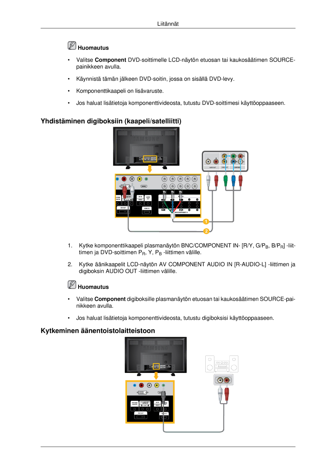 Samsung LH82BVTLBF/EN, LH82BVSLBF/EN manual Yhdistäminen digiboksiin kaapeli/satelliitti, Kytkeminen äänentoistolaitteistoon 