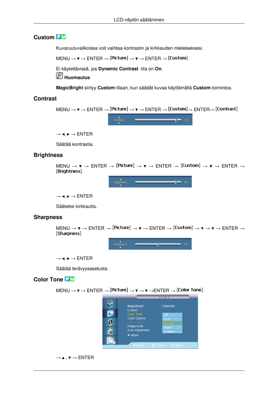 Samsung LH82BVSLBF/EN, LH82BVTLBF/EN manual Custom, Contrast, Brightness, Sharpness, Color Tone 