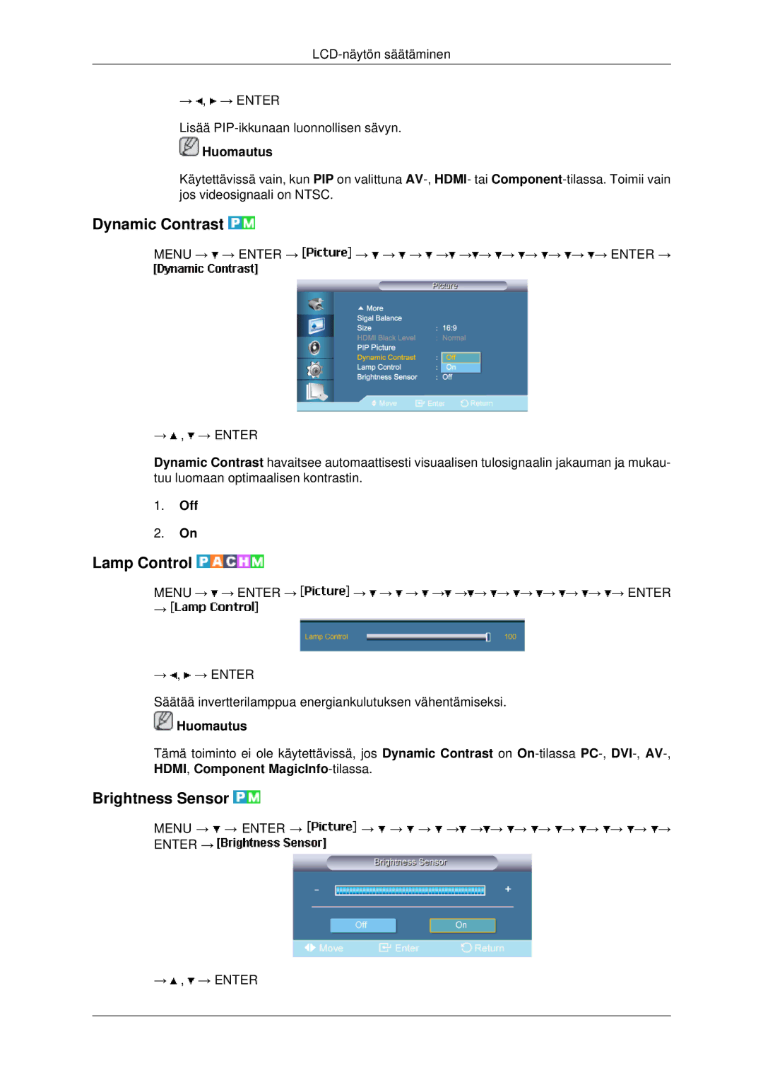 Samsung LH82BVTLBF/EN, LH82BVSLBF/EN manual Dynamic Contrast, Lamp Control, Brightness Sensor 