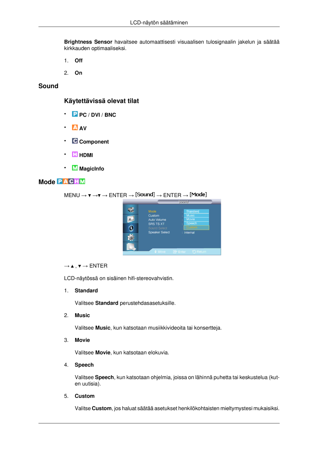 Samsung LH82BVTLBF/EN, LH82BVSLBF/EN manual Sound Käytettävissä olevat tilat, Music, Speech 