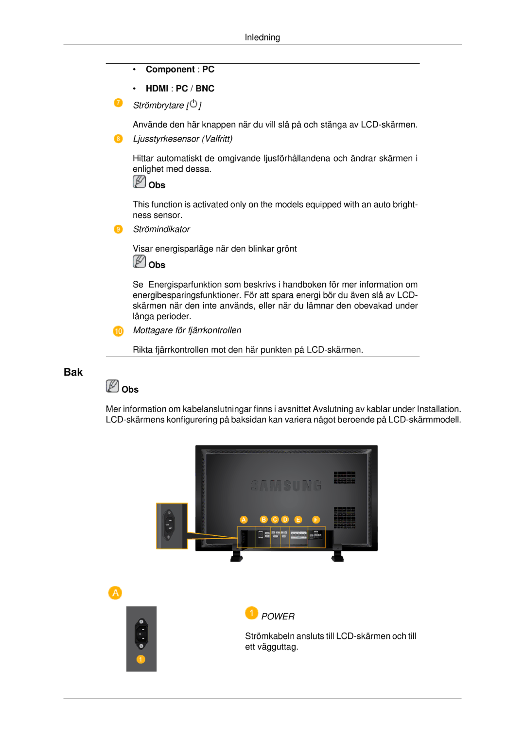 Samsung LH82BVSLBF/EN, LH82BVTLBF/EN manual Bak, Component PC 