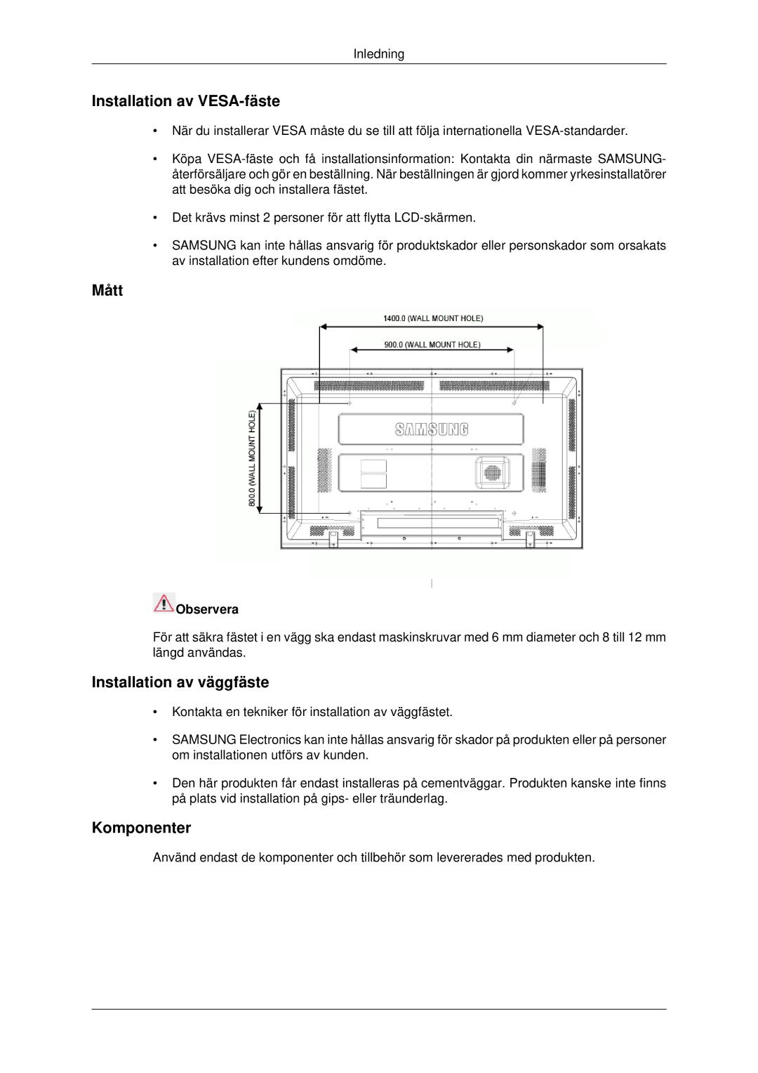 Samsung LH82BVSLBF/EN, LH82BVTLBF/EN Installation av VESA-fäste, Mått, Installation av väggfäste, Komponenter, Observera 