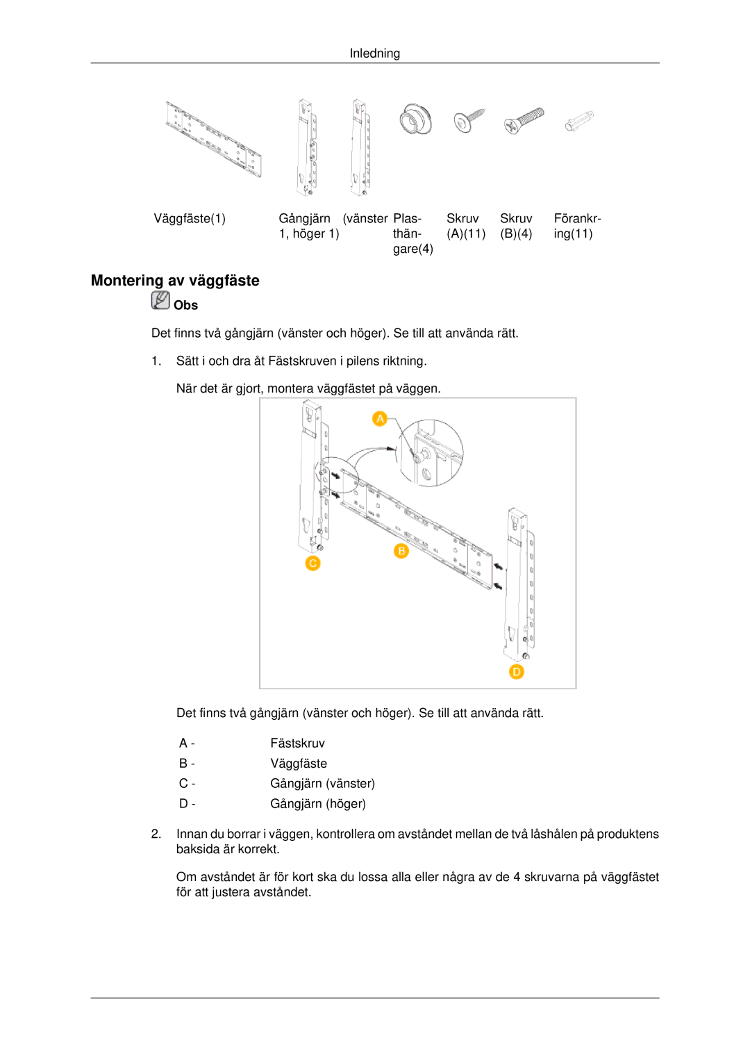 Samsung LH82BVTLBF/EN, LH82BVSLBF/EN manual Montering av väggfäste, Obs 