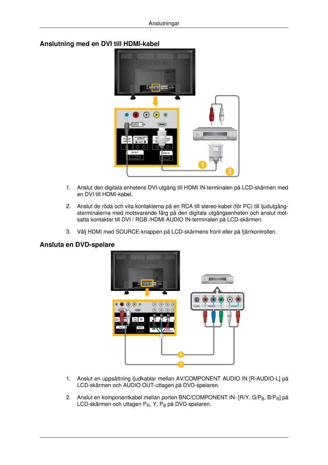 Samsung LH82BVSLBF/EN, LH82BVTLBF/EN manual Anslutning med en DVI till HDMI-kabel, Ansluta en DVD-spelare 