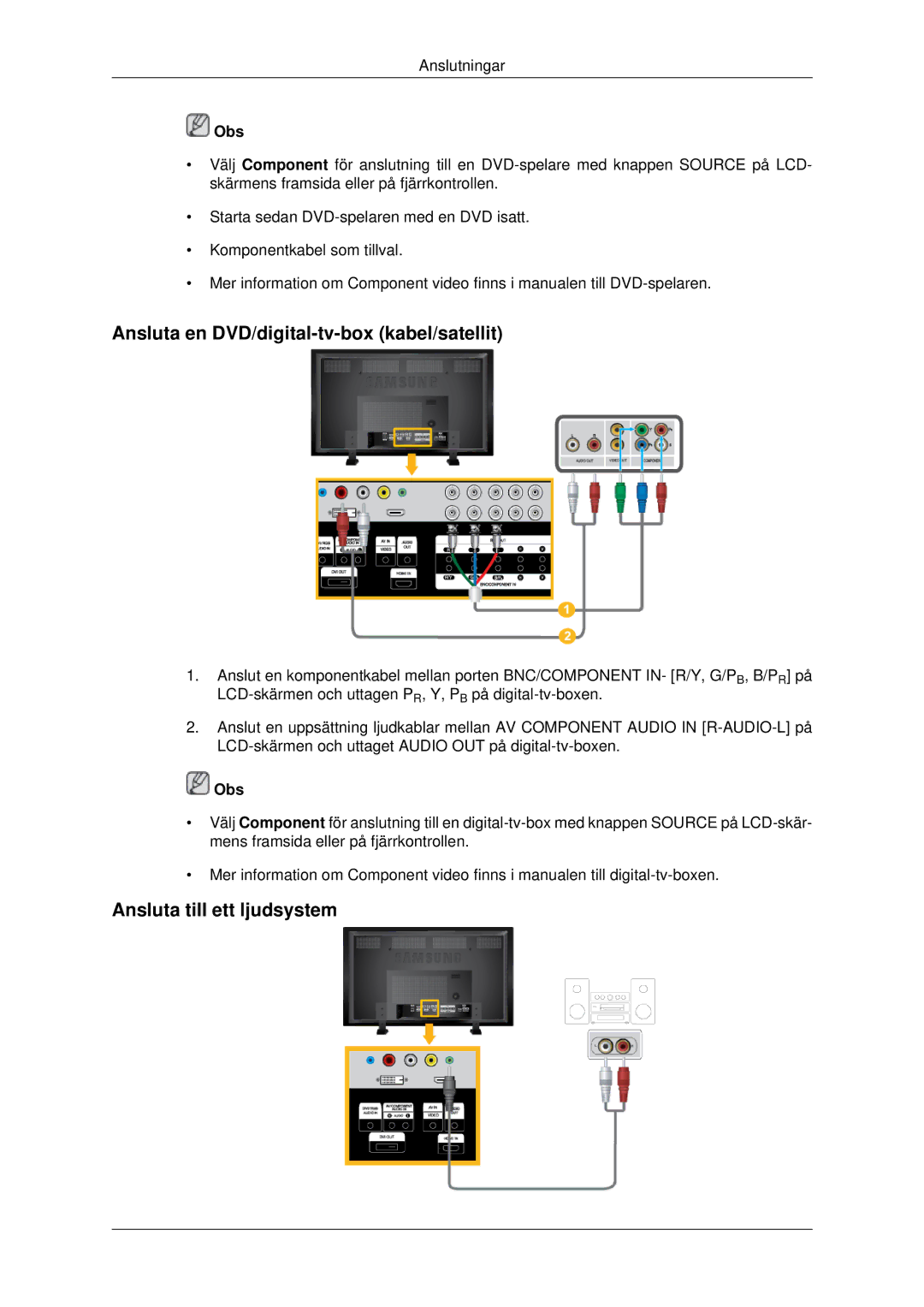 Samsung LH82BVTLBF/EN, LH82BVSLBF/EN manual Ansluta en DVD/digital-tv-box kabel/satellit, Ansluta till ett ljudsystem 