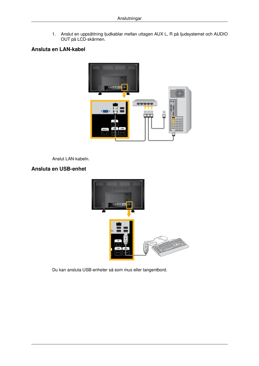 Samsung LH82BVSLBF/EN, LH82BVTLBF/EN manual Ansluta en LAN-kabel, Ansluta en USB-enhet 