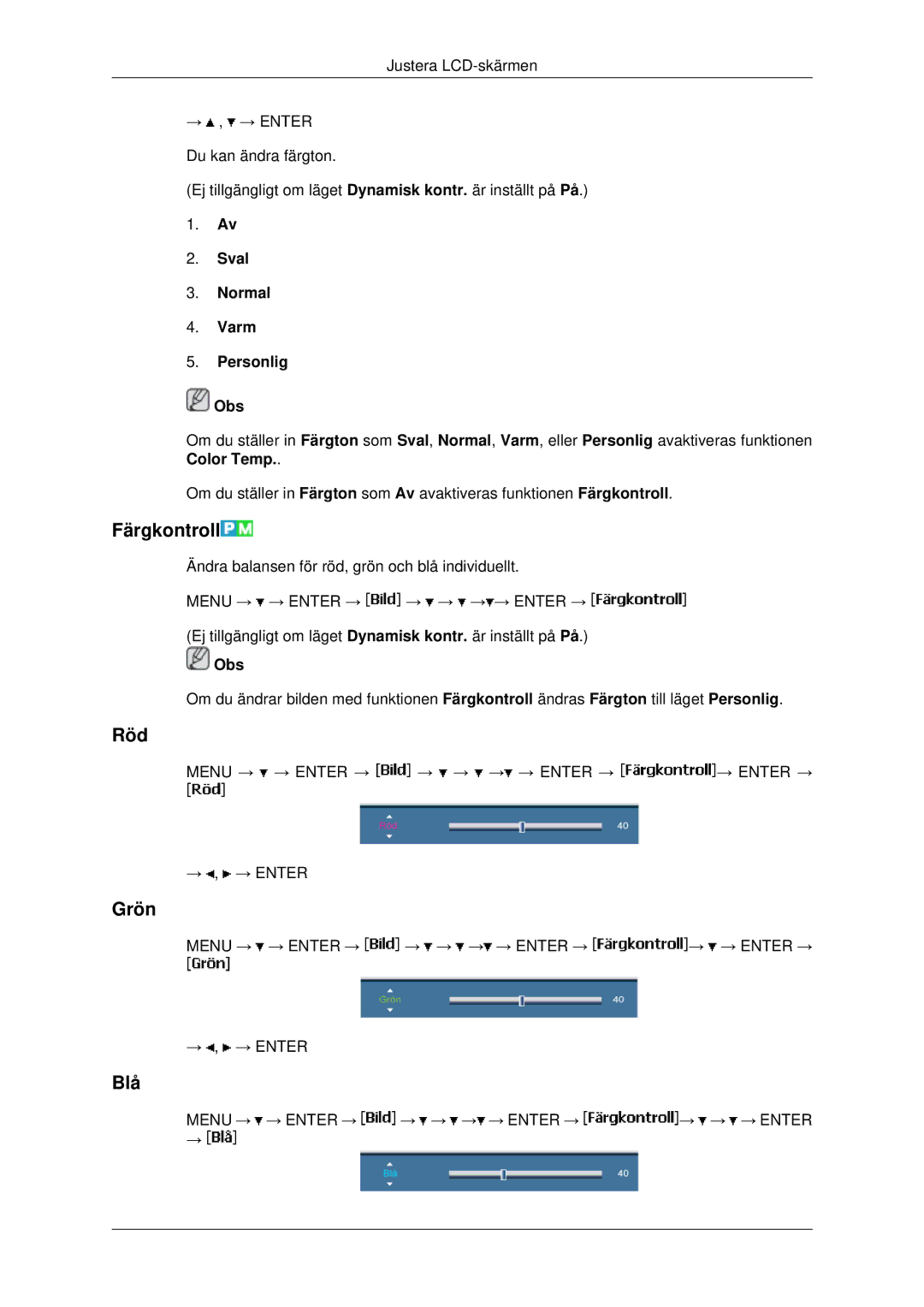 Samsung LH82BVTLBF/EN, LH82BVSLBF/EN manual Färgkontroll, Röd, Grön, Blå, Sval Normal Varm Personlig Obs 