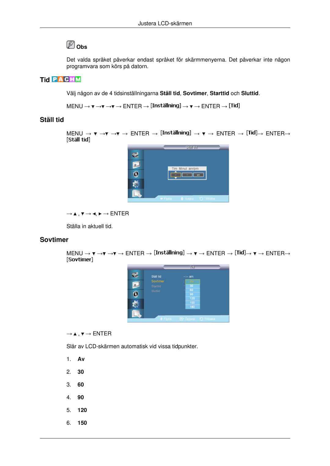 Samsung LH82BVTLBF/EN, LH82BVSLBF/EN manual Tid, Ställ tid, Sovtimer 