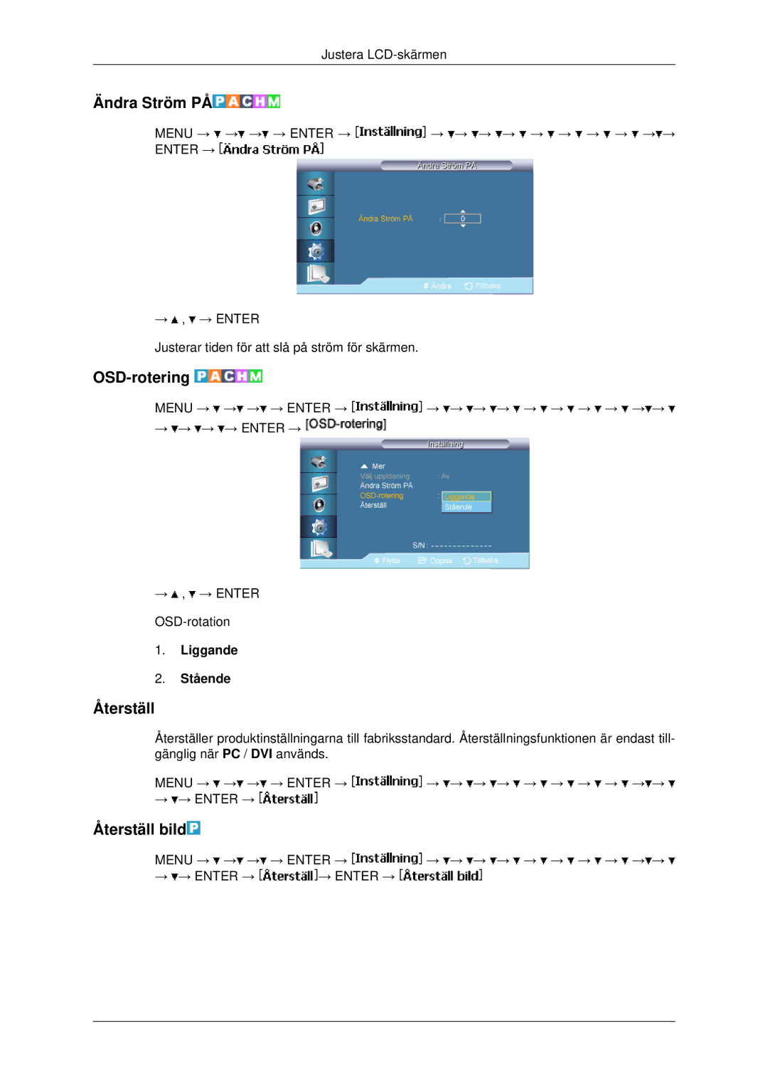 Samsung LH82BVTLBF/EN, LH82BVSLBF/EN manual Ändra Ström PÅ, OSD-rotering, Återställ bild, Liggande Stående 