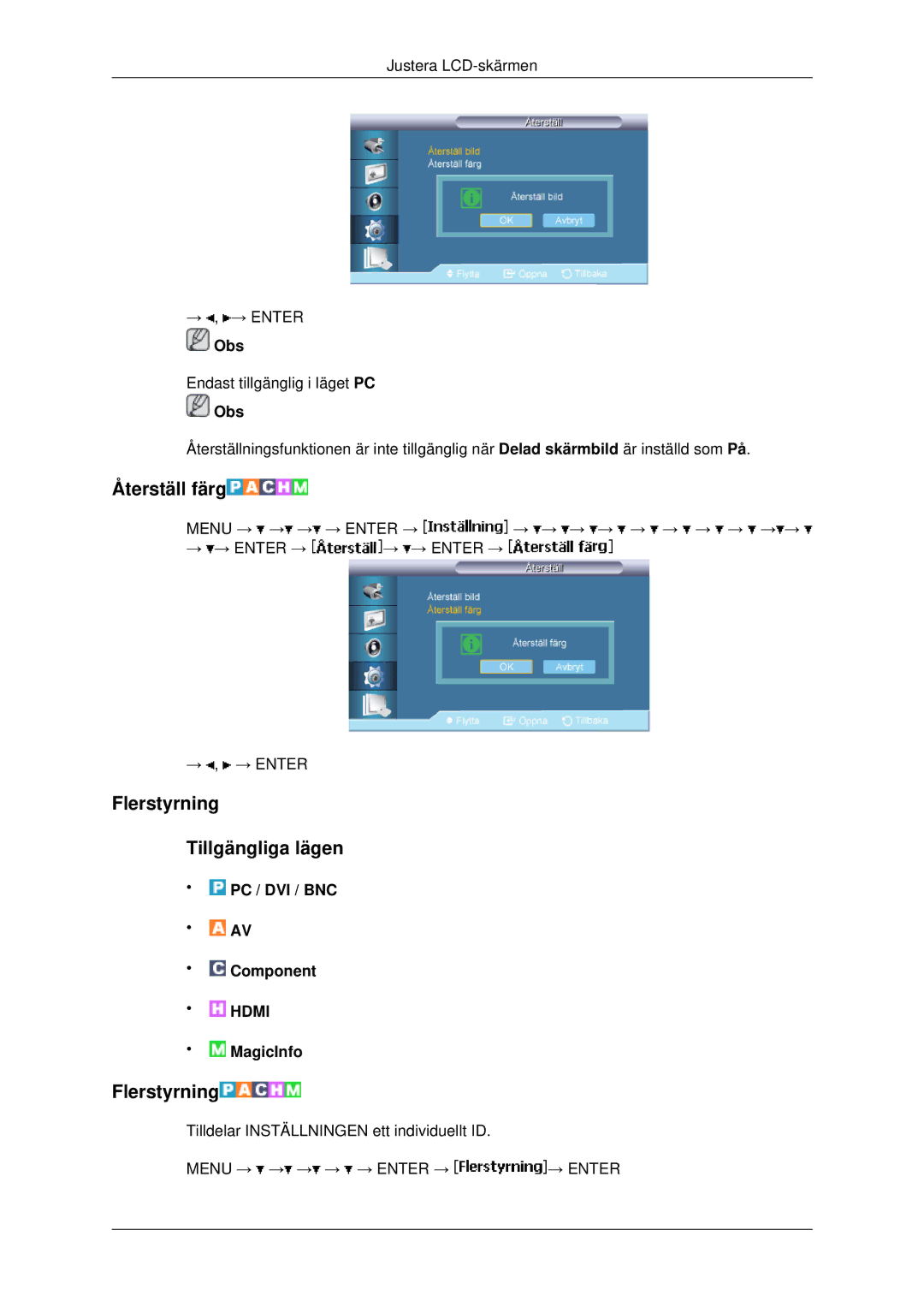 Samsung LH82BVSLBF/EN, LH82BVTLBF/EN manual Återställ färg, Flerstyrning Tillgängliga lägen 