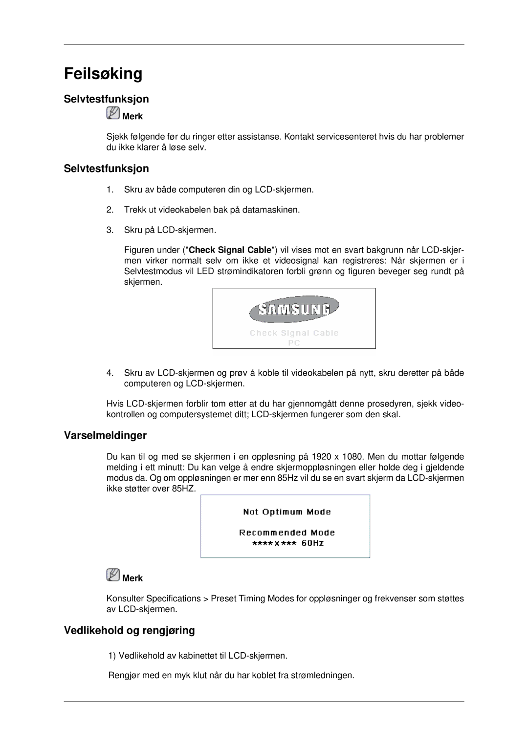 Samsung LH82BVSLBF/EN, LH82BVTLBF/EN manual Selvtestfunksjon, Varselmeldinger, Vedlikehold og rengjøring 