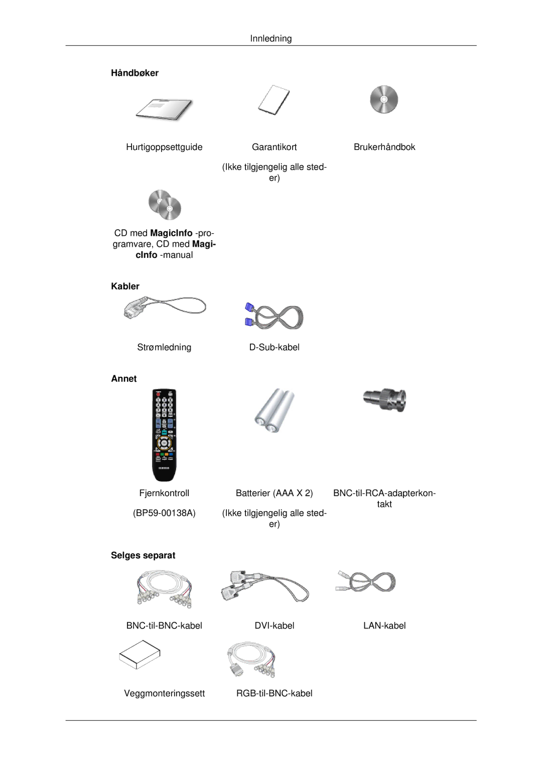 Samsung LH82BVSLBF/EN, LH82BVTLBF/EN manual Håndbøker, Kabler, Annet, Selges separat 