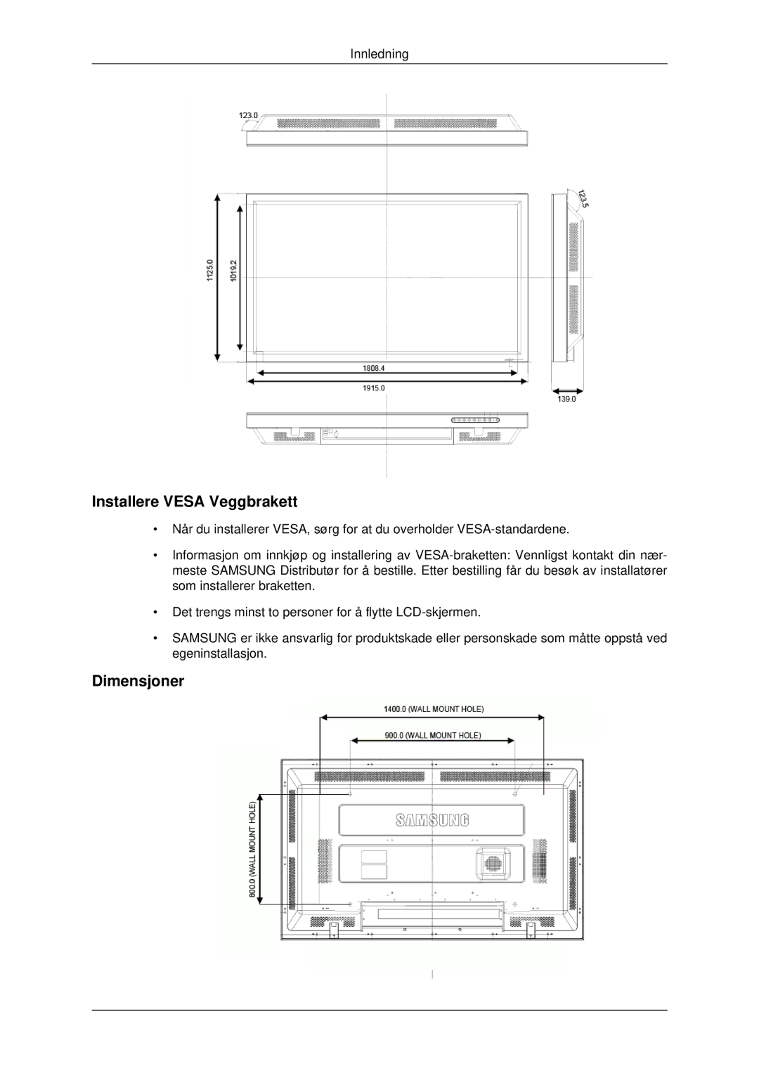 Samsung LH82BVSLBF/EN, LH82BVTLBF/EN manual Installere Vesa Veggbrakett, Dimensjoner 