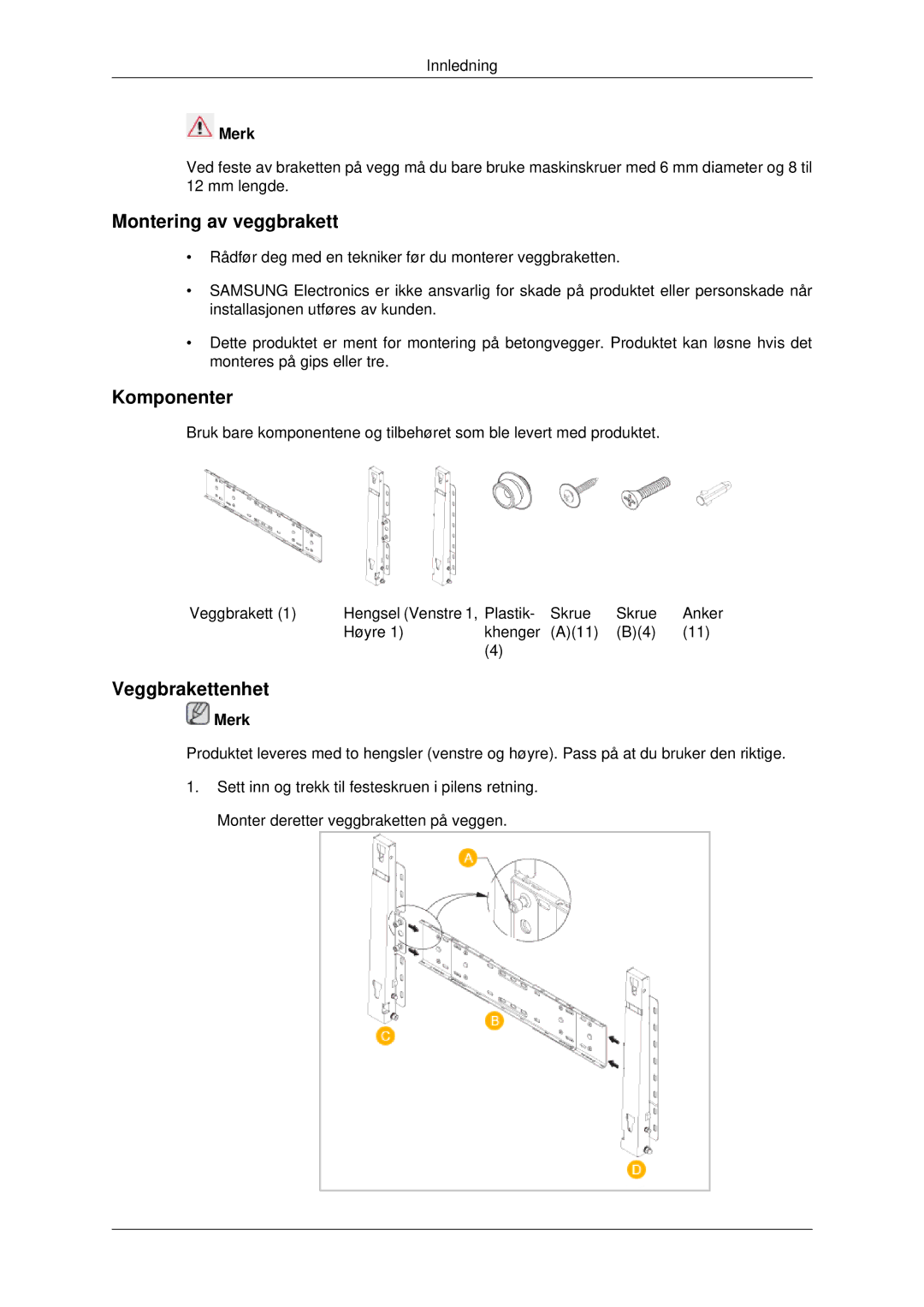 Samsung LH82BVTLBF/EN, LH82BVSLBF/EN manual Montering av veggbrakett, Komponenter, Veggbrakettenhet 