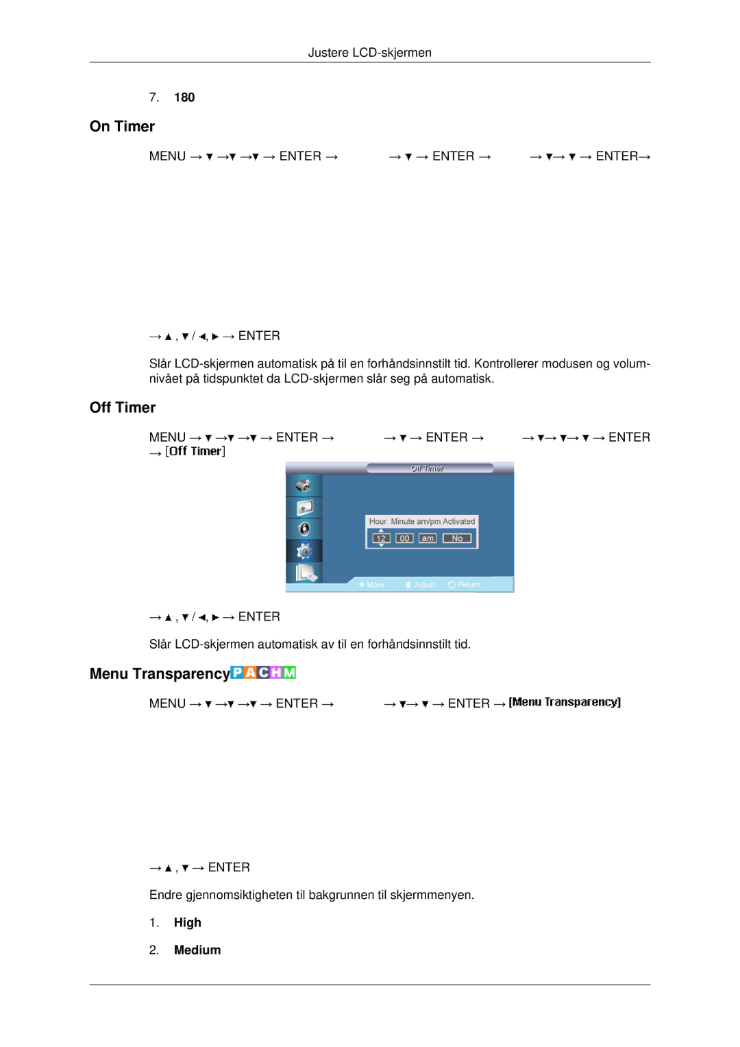 Samsung LH82BVTLBF/EN, LH82BVSLBF/EN manual On Timer, Off Timer, Menu Transparency, High Medium 