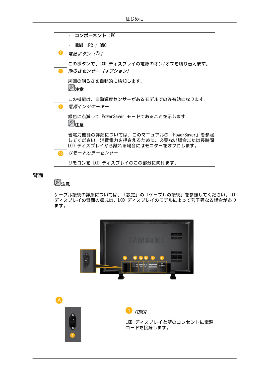 Samsung LH82BVSLBF/XJ, LH82BVTLBF/XJ manual コンポ一ネント Pc, Lcd ディスプレイと壁のコンセントに電源 コードを接続します。 