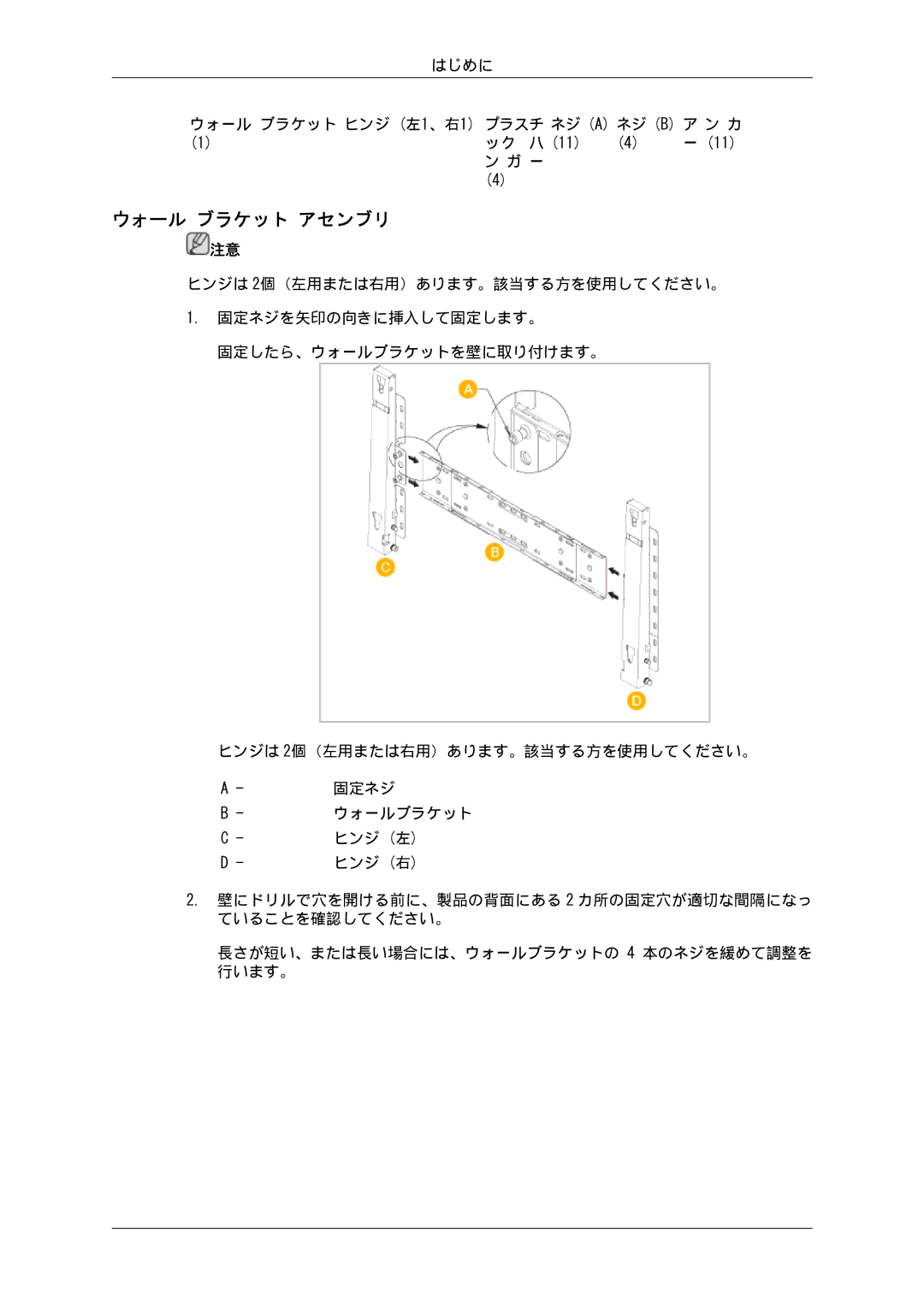 Samsung LH82BVTLBF/XJ, LH82BVSLBF/XJ manual ウォール ブラケット アセンブリ, はじめに ウォール ブラケット ヒンジ 左1、右1 プラスチ ネジ a ネジ B ア ン カ 