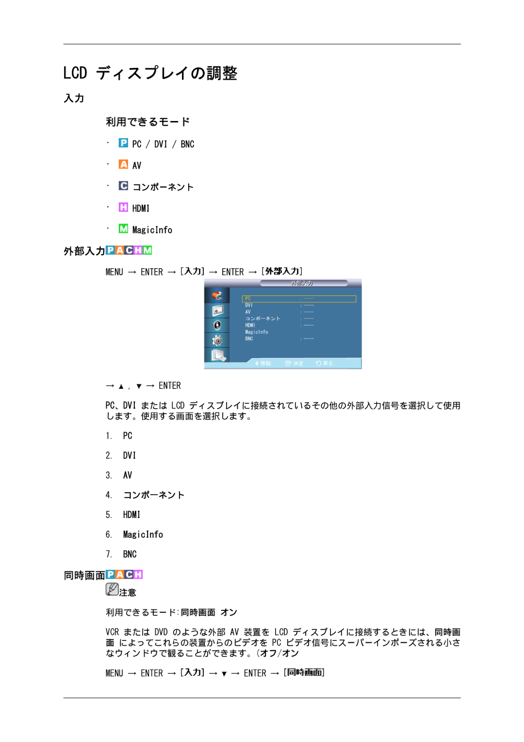 Samsung LH82BVSLBF/XJ, LH82BVTLBF/XJ manual 外部入力, 同時画面, コンポーネント, コンポ一ネント 