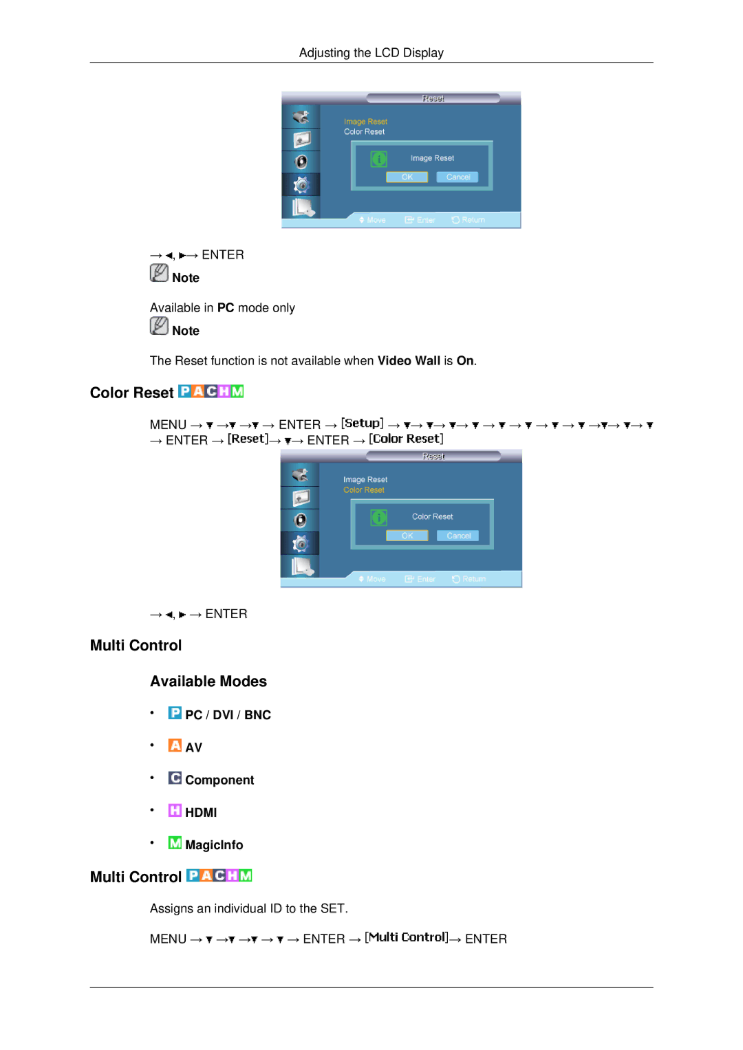 Samsung LH82BVSLBF/EN, LH82BVTMBF/EN, LH82BVTLBF/EN, LH82BVTLBF/XJ, LH82BVSLBF/XJ Color Reset, Multi Control Available Modes 