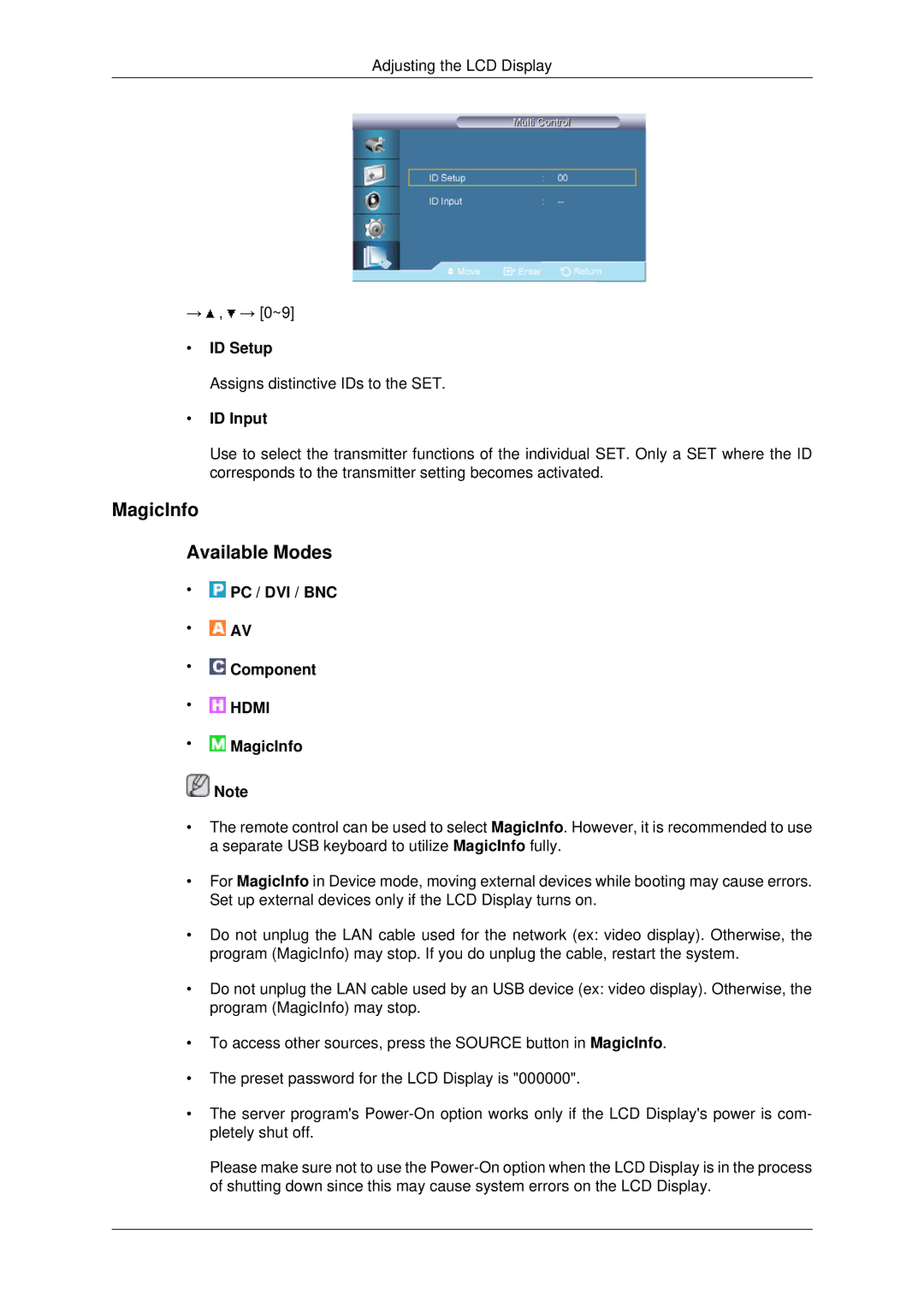 Samsung LH82BVTLBF/XJ, LH82BVTMBF/EN, LH82BVTLBF/EN, LH82BVSLBF/EN manual MagicInfo Available Modes, ID Setup, ID Input 