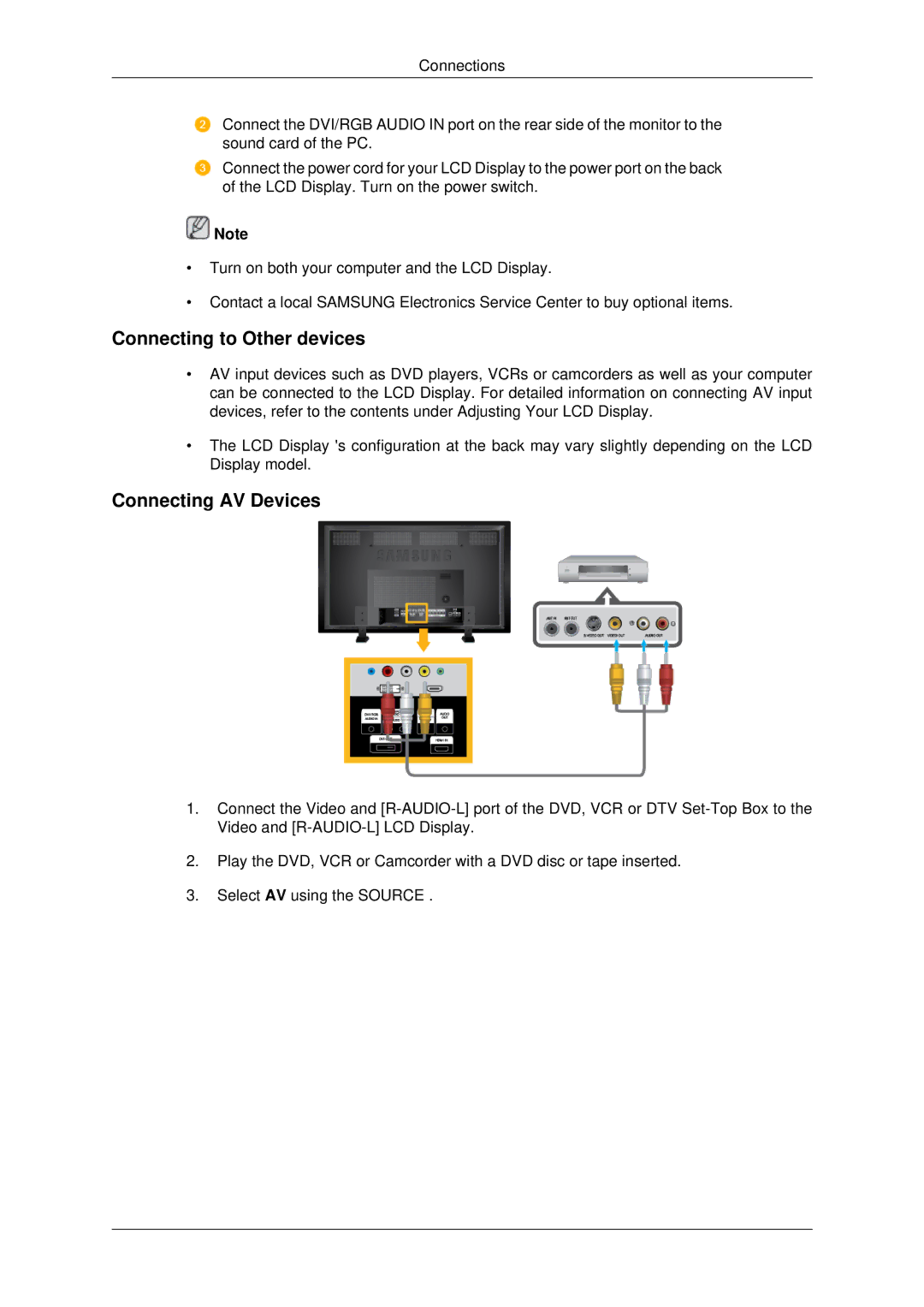 Samsung LH82BVSLBF/XY, LH82BVTMBF/EN, LH82BVTLBF/EN, LH82BVSLBF/EN manual Connecting to Other devices, Connecting AV Devices 