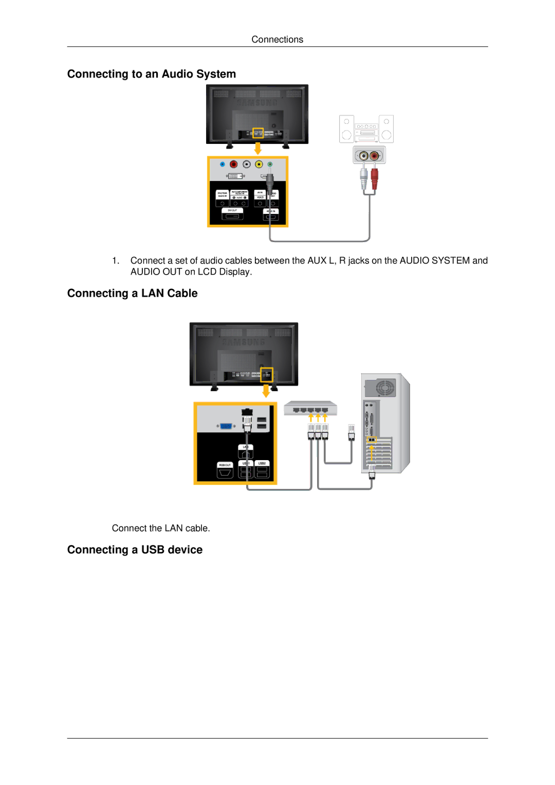 Samsung LH82BVTLBF/XJ, LH82BVTMBF/EN manual Connecting to an Audio System, Connecting a LAN Cable, Connecting a USB device 