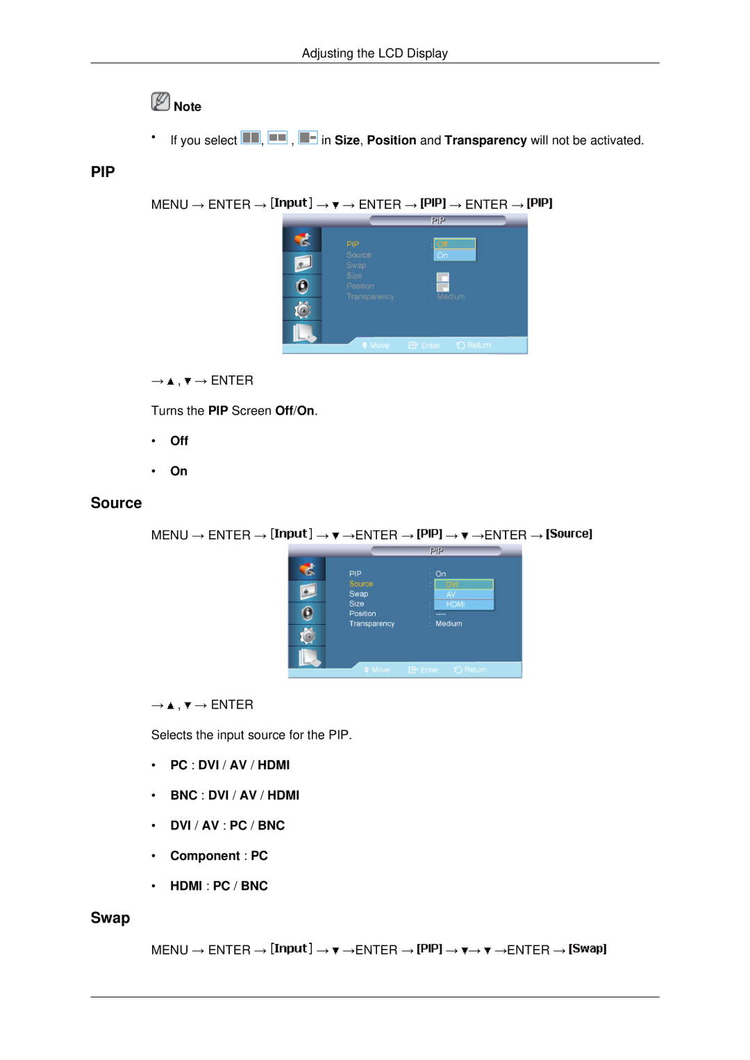 Samsung LH82BVTLBF/XJ, LH82BVTMBF/EN, LH82BVTLBF/EN, LH82BVSLBF/EN manual Source, Swap, Off, DVI / AV PC / BNC Component PC 