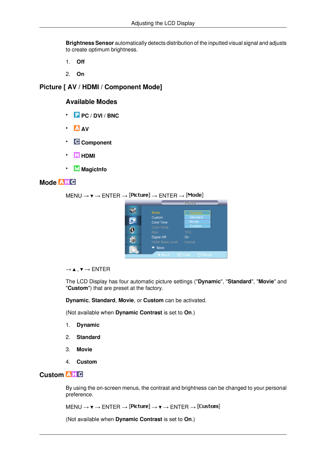 Samsung LH82BVTLBF/EN, LH82BVTMBF/EN, LH82BVSLBF/EN, LH82BVTLBF/XJ manual Picture AV / Hdmi / Component Mode Available Modes 