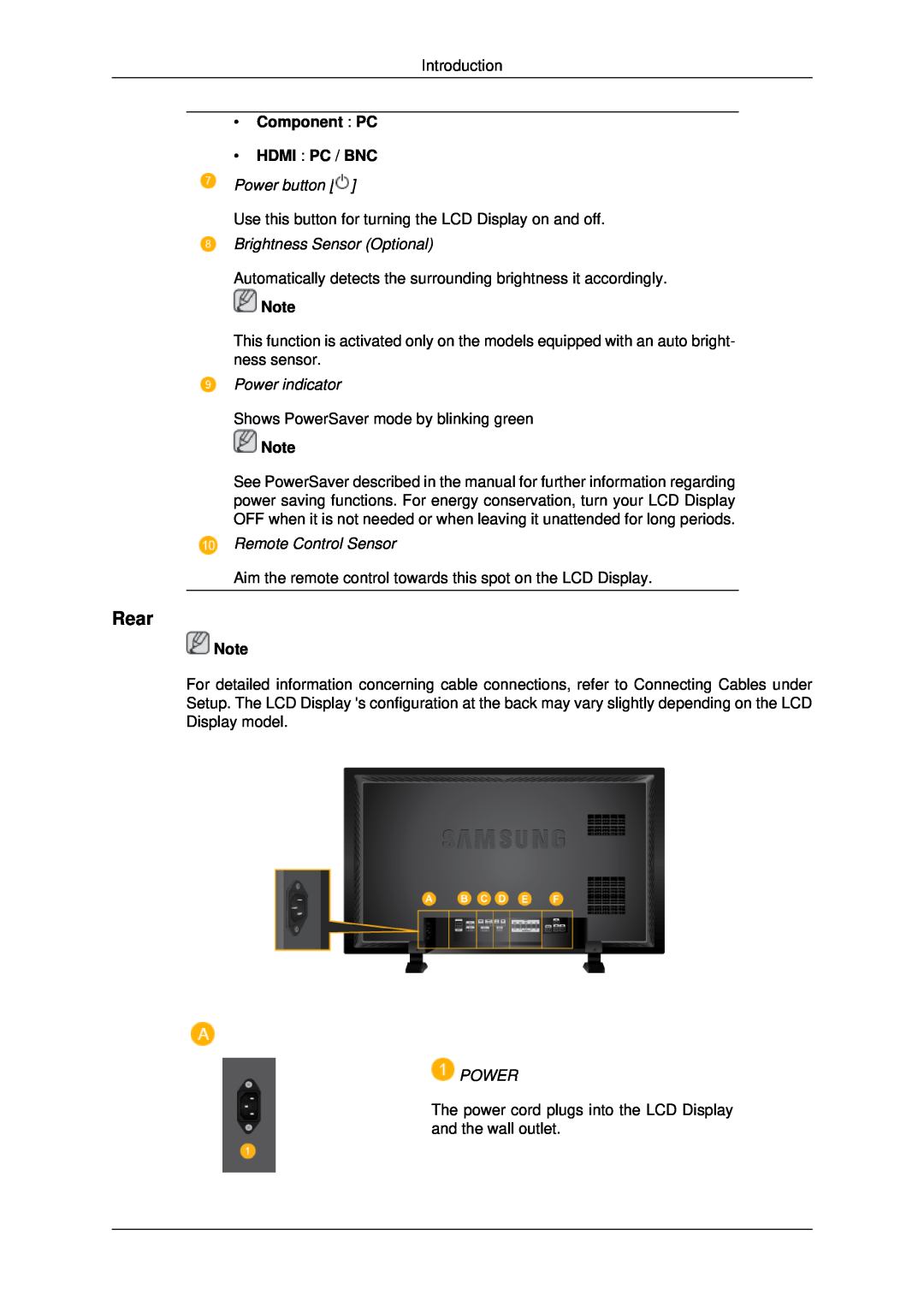 Samsung LH82BVTMBF/XY manual Rear, Component PC HDMI PC / BNC, Power button, Brightness Sensor Optional, Power indicator 