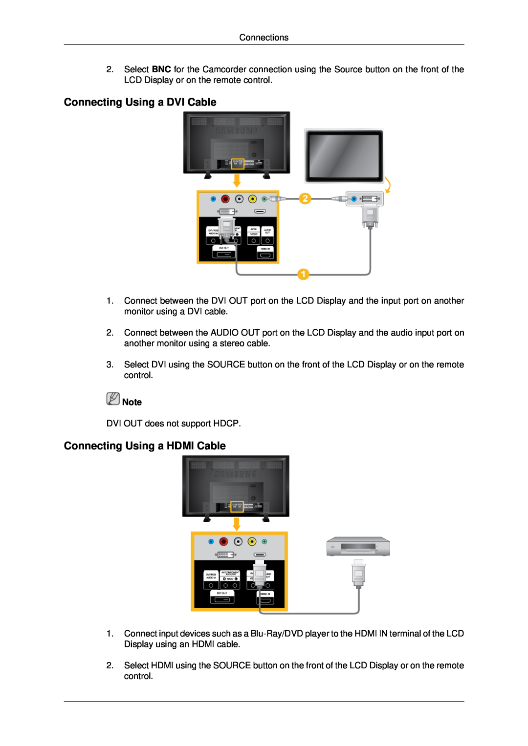 Samsung LH82BVTMBF/EN, LH82BVTLBF/EN, LH82BVSLBF/EN manual Connecting Using a DVI Cable, Connecting Using a HDMI Cable 