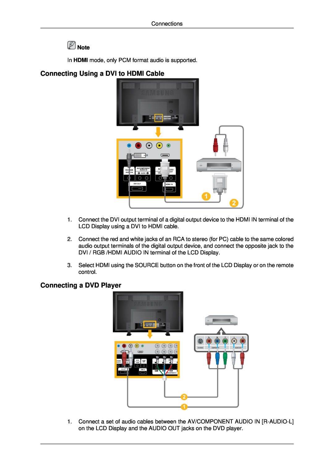 Samsung LH82BVTLBF/EN, LH82BVTMBF/EN, LH82BVSLBF/EN manual Connecting Using a DVI to HDMI Cable, Connecting a DVD Player 