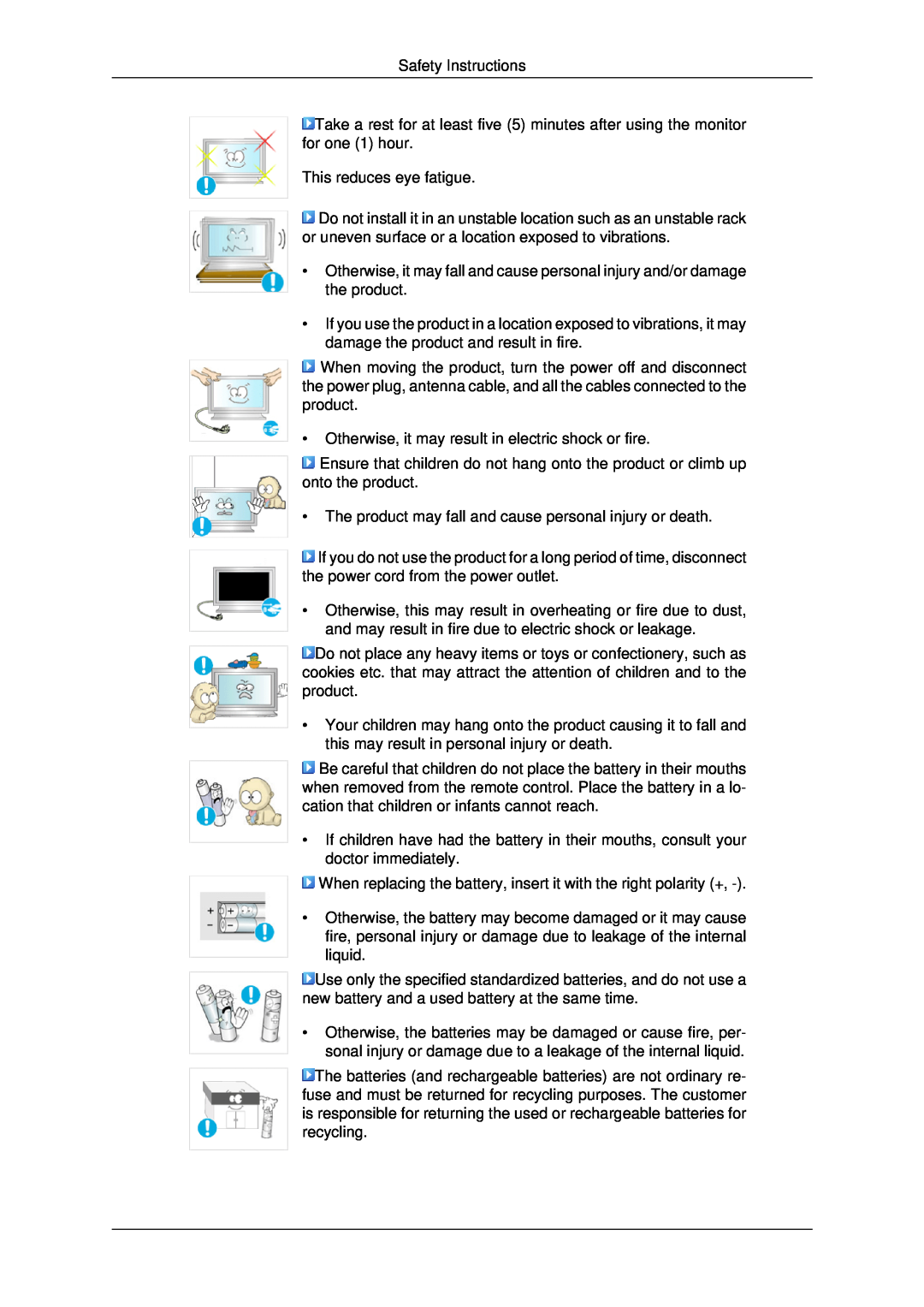 Samsung LH82BVTMBF/EN Safety Instructions, This reduces eye fatigue, Otherwise, it may result in electric shock or fire 