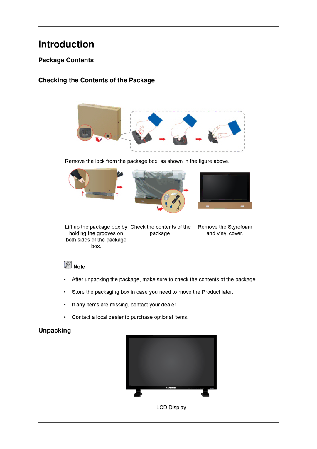 Samsung LH82CSBPLBC/EN, LH70CSBPLBC/EN manual Package Contents Checking the Contents of the Package, Unpacking 