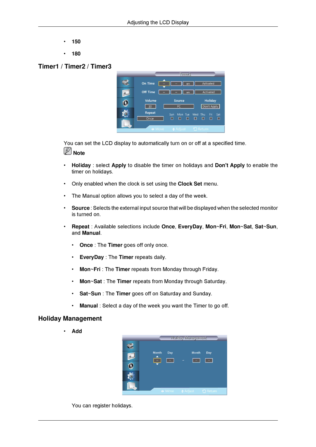 Samsung LH82CSBPLBC/EN, LH70CSBPLBC/EN manual Timer1 / Timer2 / Timer3, Holiday Management, 150 180, Add 