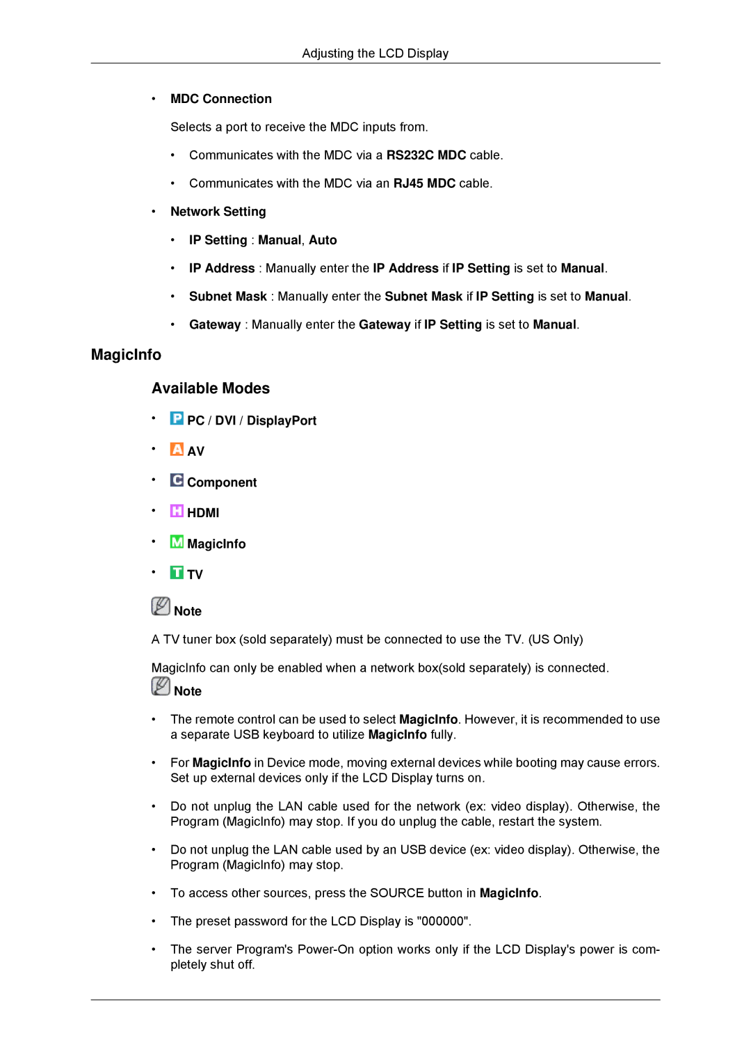 Samsung LH82CSBPLBC/EN, LH70CSBPLBC/EN manual MagicInfo Available Modes, MDC Connection 