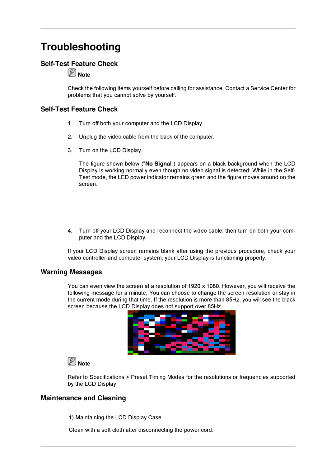 Samsung LH82CSBPLBC/EN, LH70CSBPLBC/EN manual Self-Test Feature Check, Maintenance and Cleaning 