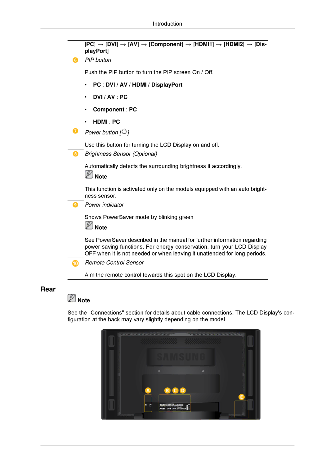 Samsung LH70CSBPLBC/EN, LH82CSBPLBC/EN manual Rear, PC DVI / AV / Hdmi / DisplayPort DVI / AV PC Component PC 