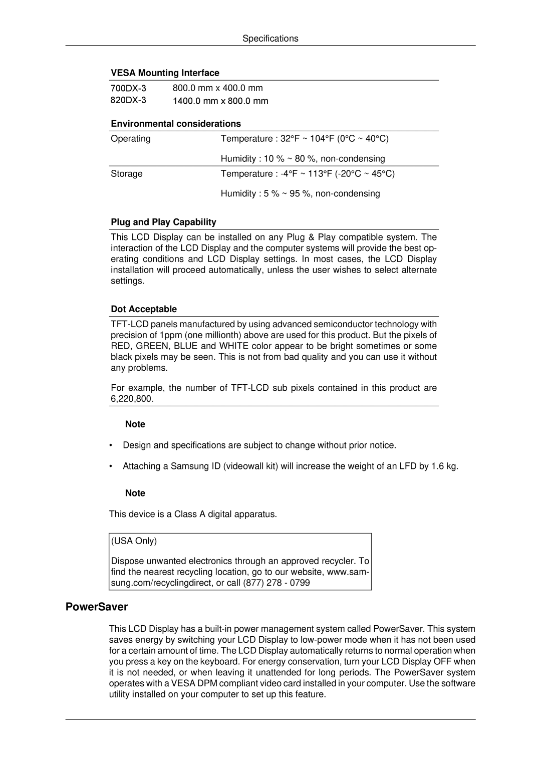 Samsung LH82CSBPLBC/EN manual PowerSaver, Vesa Mounting Interface, Environmental considerations, Plug and Play Capability 